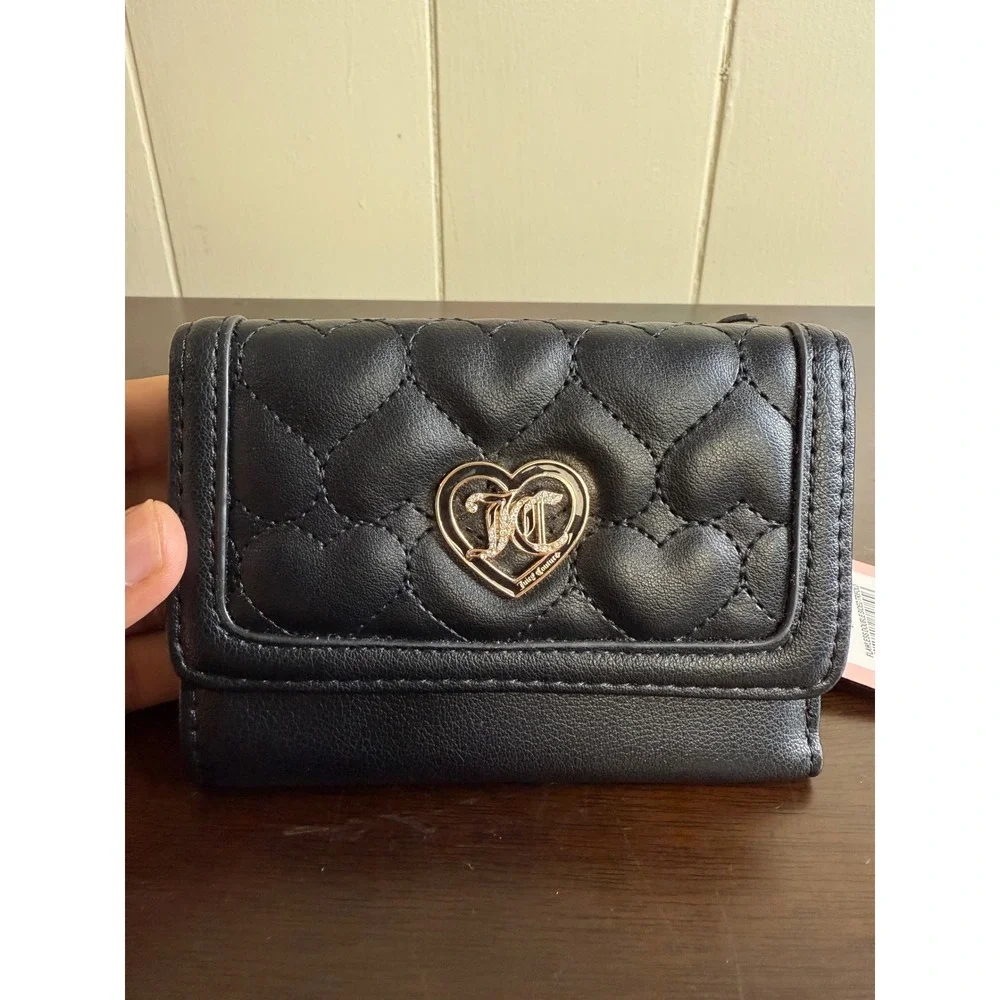 Juicy Couture Wallet Women's Black Quilted‎ Heart Trifold Charm NWT